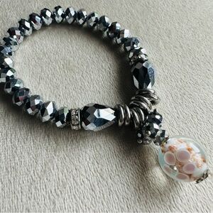 Silver Faceted Beaded Stretch Bracelet with Glass Charm | Boho Statement